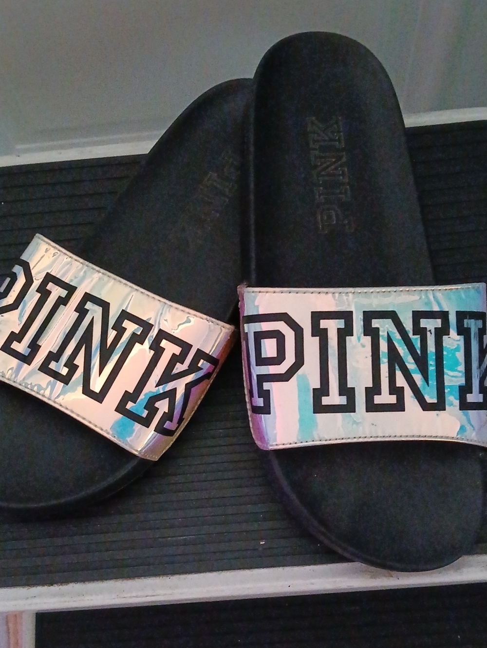 PINK Victoria's Secret Iridescent Slide Sandals - Black & Holographic
